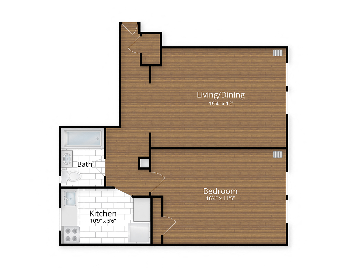Floor plan for 1 bed, 1 bath, 707 sqft